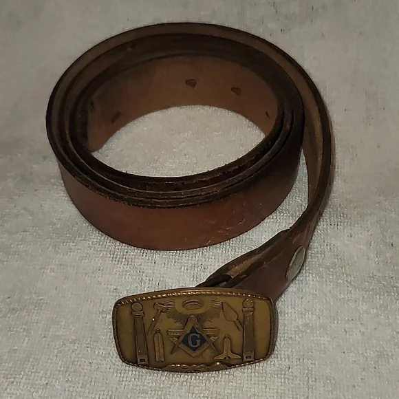 Masonic Harry Klitzner Brass Belt Buckle On Leather Belt - Picture 1 of 9